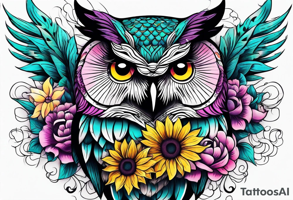 Sleeve with teal, pink and purple owl and yellow sunflowers tattoo idea