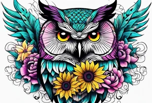 Sleeve with teal, pink and purple owl and yellow sunflowers tattoo idea