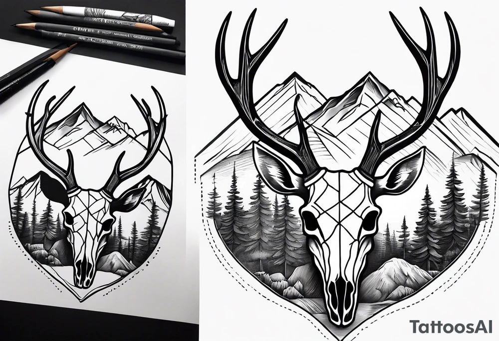 deer skull with mountains tattoo idea