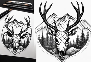 deer skull with mountains tattoo idea