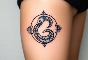 Ouroboros or dragon/serpent/snake eating its own tail in a figure 8 in negative space with geometric patterns tattoo idea