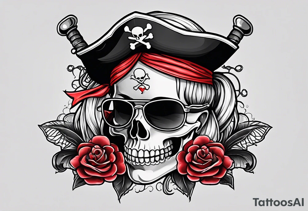 create a pirate flag with a feminine skull with two blonde pigtails and crossbones  wearing glasses tattoo idea