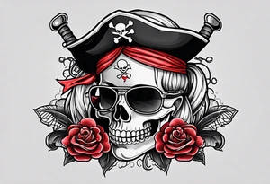 create a pirate flag with a feminine skull with two blonde pigtails and crossbones  wearing glasses tattoo idea