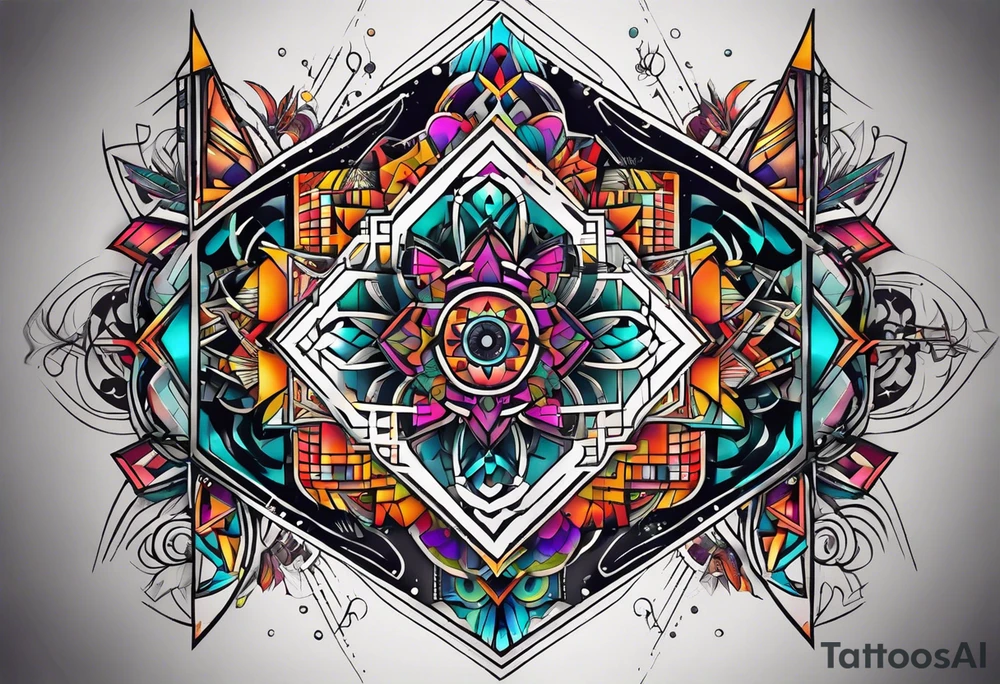 A tattoo design featuring geometric patterns and symbols inspired by psytrance and techno music, creating a unique and futuristic look. tattoo idea