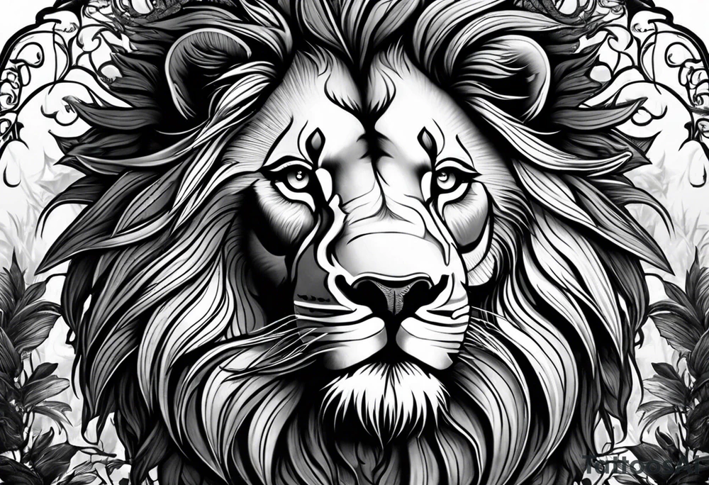 lions face transposed into a dark forest tattoo idea