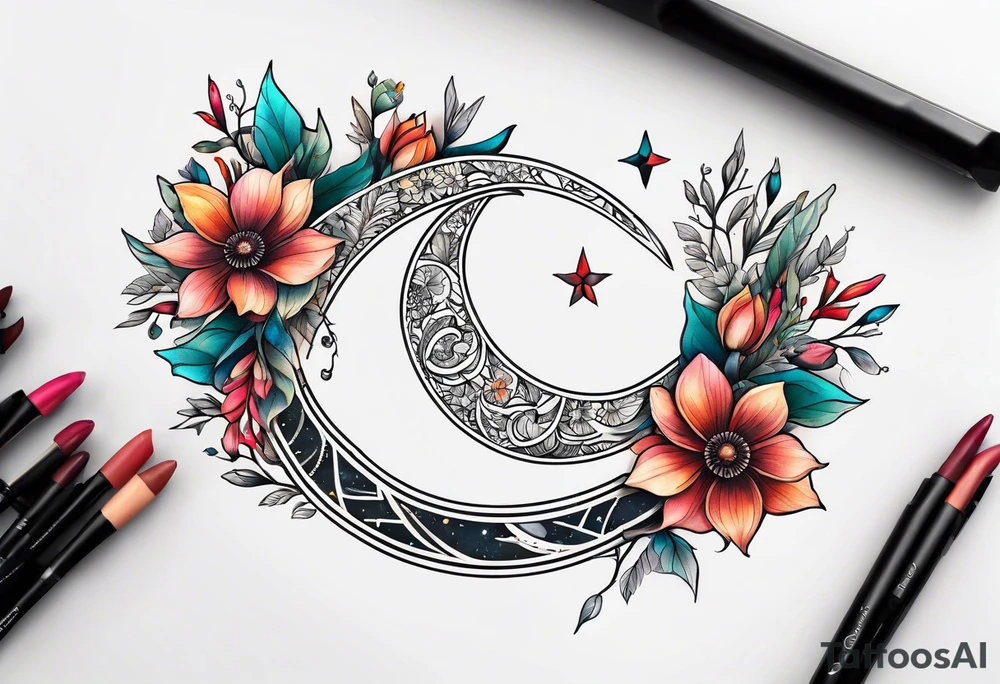 Flowers laid in shape of crescent moon tattoo idea