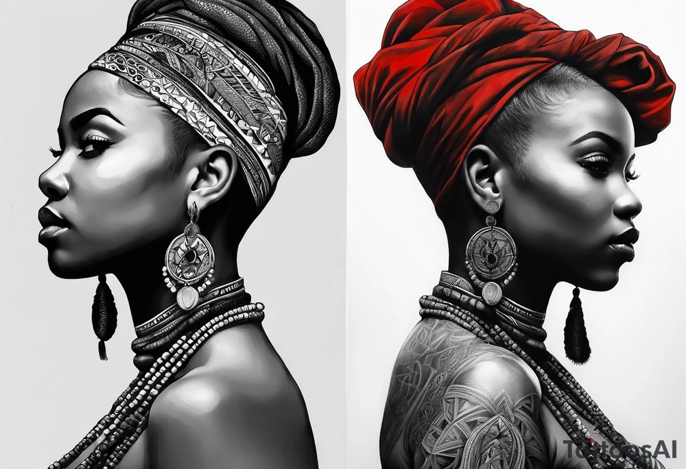 Deus èsú africano realista em preto e cinza com os olhos brancos e fundo com tons de vermelho tattoo idea