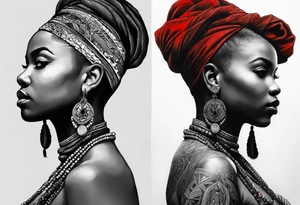 Deus èsú africano realista em preto e cinza com os olhos brancos e fundo com tons de vermelho tattoo idea