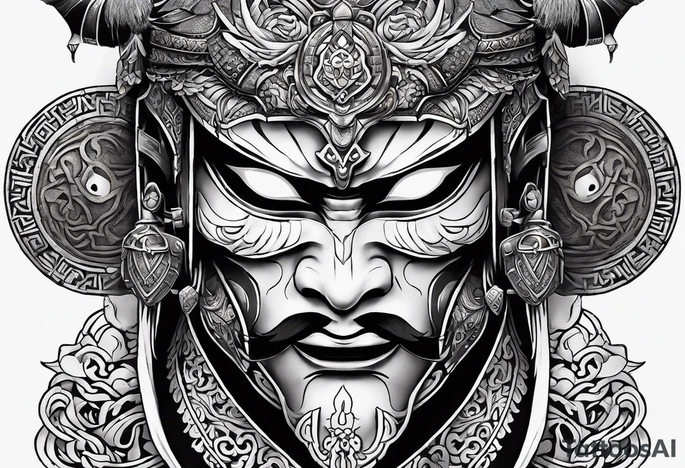 hanya mask on the shoulder, mask from ghost of Tsushima, hanya mask with three eyes tattoo idea
