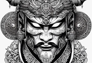 hanya mask on the shoulder, mask from ghost of Tsushima, hanya mask with three eyes tattoo idea