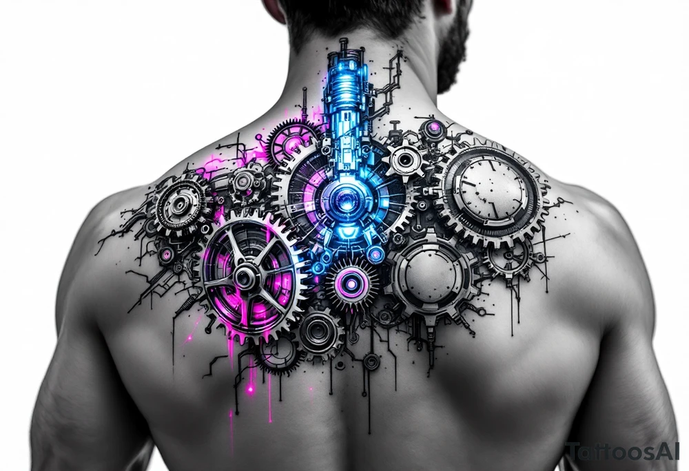 A biomechanical arm tattoo where gears spin under translucent synthetic skin lit with neon pink and cobalt blue veins. tattoo idea