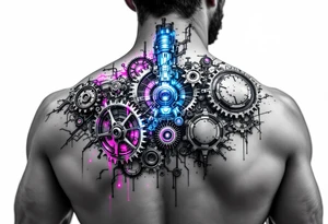 A biomechanical arm tattoo where gears spin under translucent synthetic skin lit with neon pink and cobalt blue veins. tattoo idea