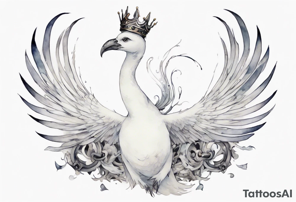 a white bird-serpent hybrid, wearing a small crown on its head, flying in the air tattoo idea