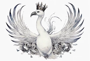 a white bird-serpent hybrid, wearing a small crown on its head, flying in the air tattoo idea