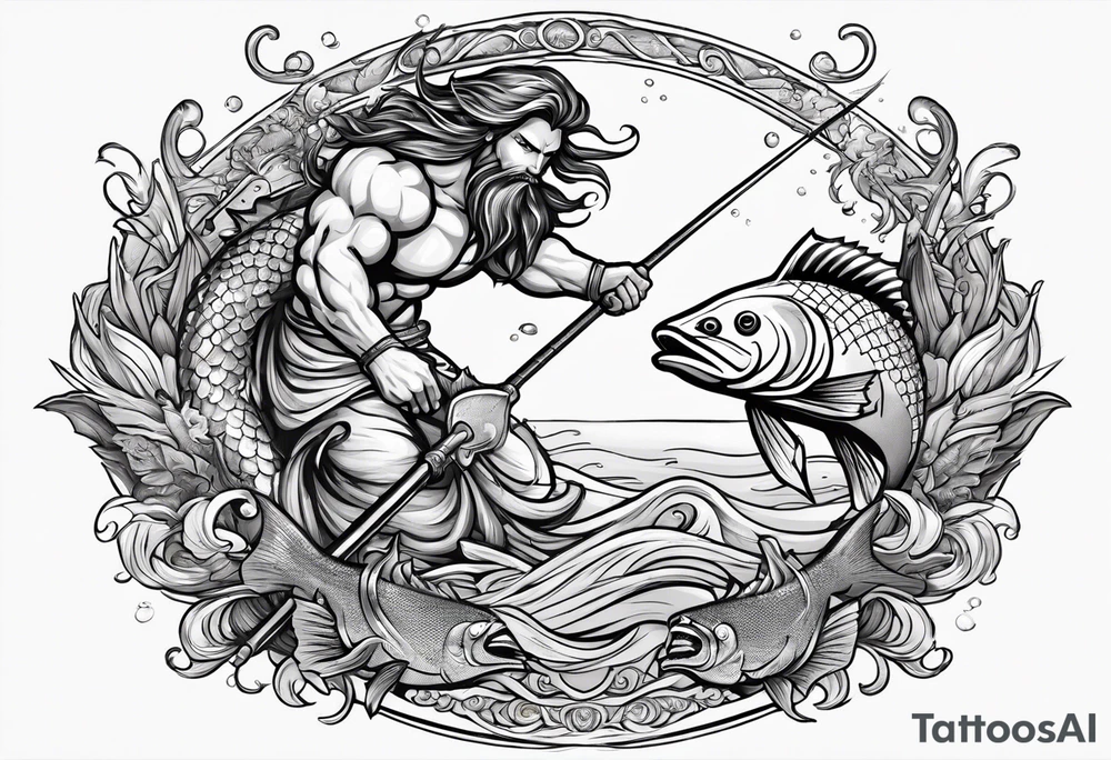 muscular
god 
posideon fighting a sport fish with a trident surrounded by sexy  female 
mermaids tattoo idea