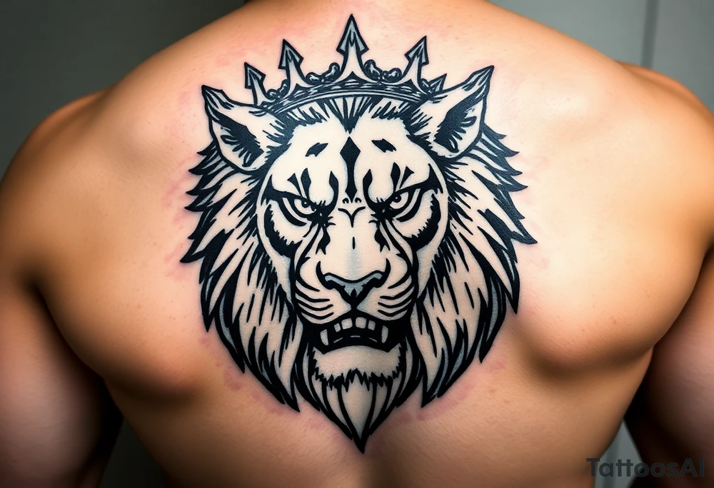 powerful majestic lion with third eye and a crown of bones tattoo idea