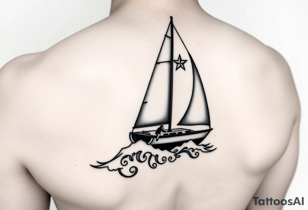 State Silhouettes: Waves forming the shapes of Texas, Connecticut, and Washington state, indicating the places you’ve called home.
	•	Navy Emblem: A subtle Navy insignia on the sail, honoring your spouse’s service.
	•	Cosmetology Symbols: Incorporate a comb and scissors subtly into the boat’s rigging or hull design. tattoo idea