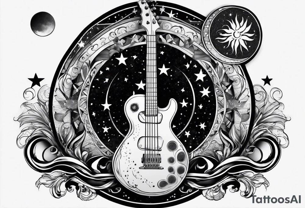 Collage for full left arm sleeve with:
a sun with a quarter moon, 
2 stars,
bass guitar, 
caduceus symbol tattoo idea