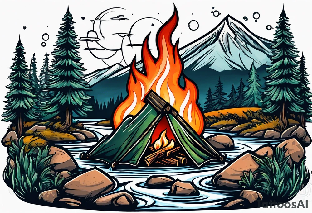 Small campfire on the coast of a mountain stream, in the back is some evergreen tall trees tattoo idea