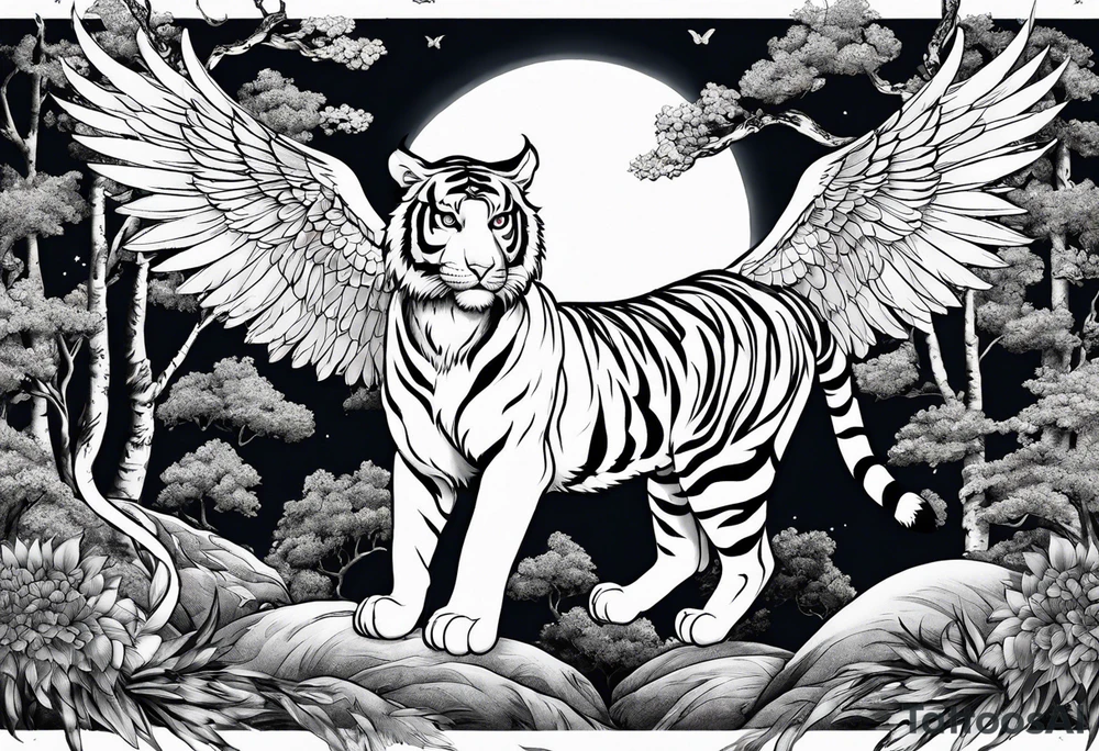 Tiger with wings hunting flying owl full moon forest tattoo idea