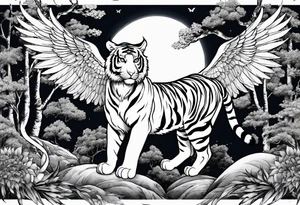 Tiger with wings hunting flying owl full moon forest tattoo idea