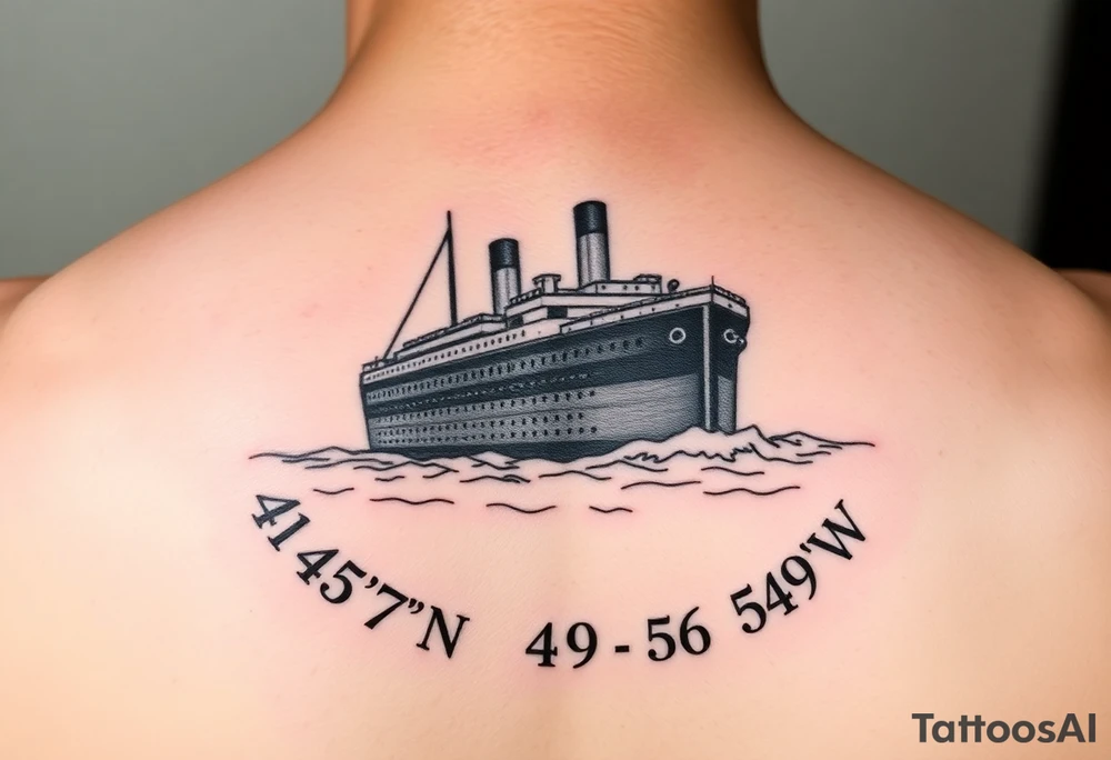 Ship image of Titanic with coordinates 41 43' 57" N 49 56' 49" W around the ship tattoo idea