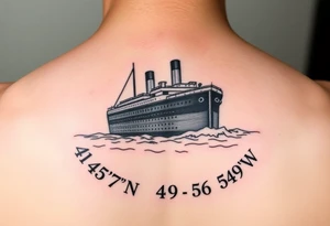 Ship image of Titanic with coordinates 41 43' 57" N 49 56' 49" W around the ship tattoo idea