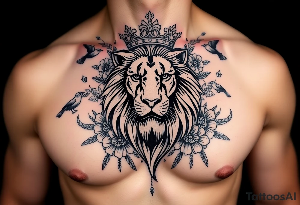 powerful majestic lion with a crown, surrounded by floral ornaments and birds tattoo idea