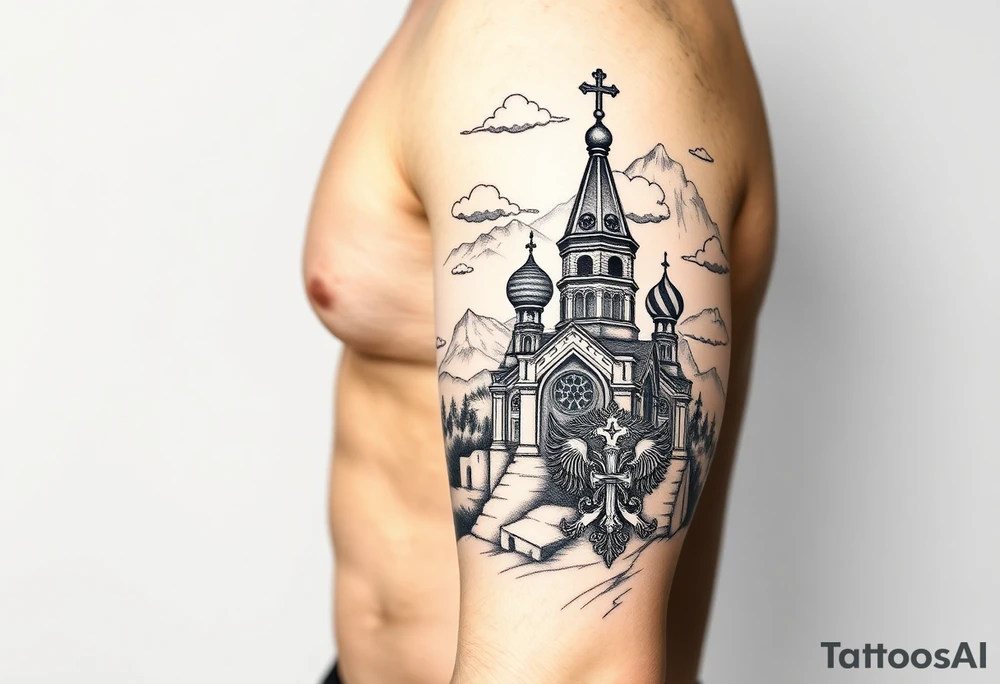 russian orthodox christian left arm tattoo with st basils cathederal in a mountainous setting with clouds with a russian coat of arms tattoo idea