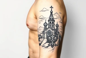 russian orthodox christian left arm tattoo with st basils cathederal in a mountainous setting with clouds with a russian coat of arms tattoo idea