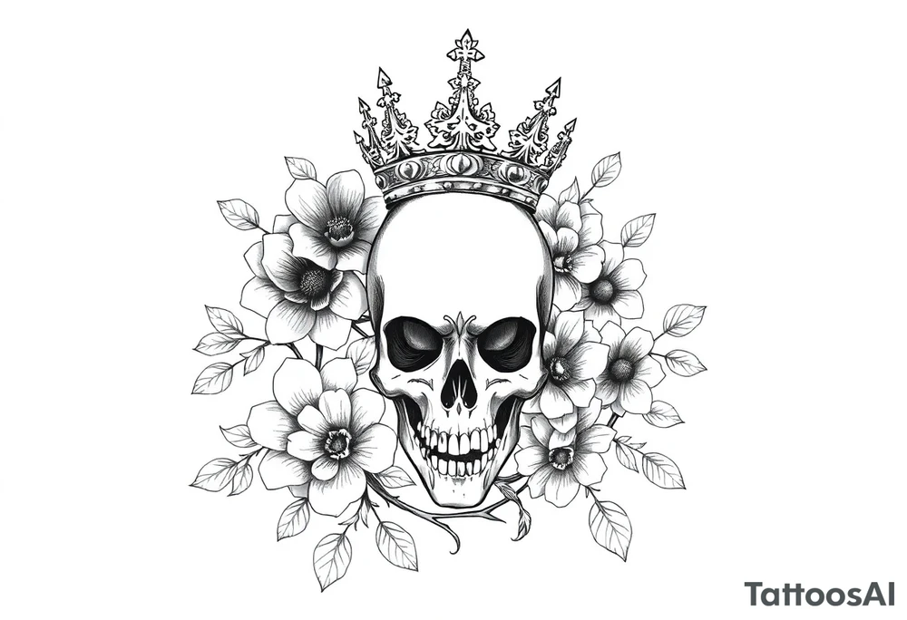 Hourglass with detailed beautiful gothic boho flowers on vine and skull with gorgeous crown tattoo idea