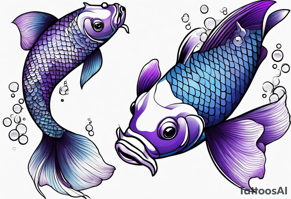 A male and female blue and purple koi fish with whiskers with three babies tattoo idea