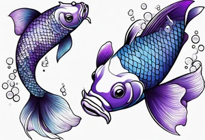 A male and female blue and purple koi fish with whiskers with three babies tattoo idea