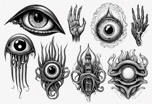 lovecraft themed eye on hand , tentacle on forearm tattoo idea