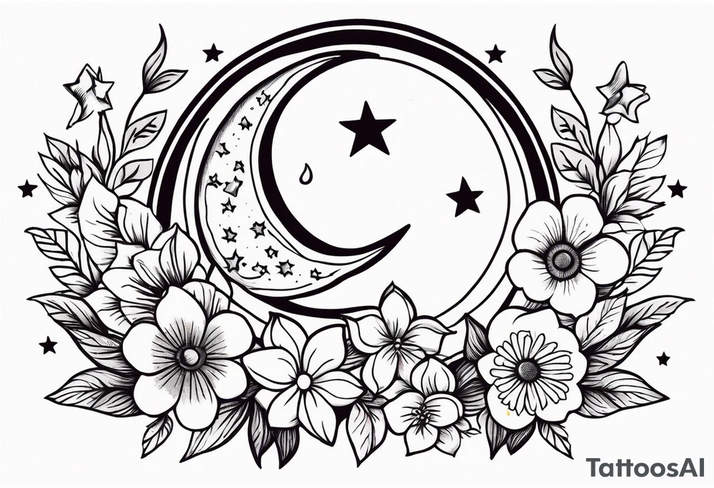 stars and moon

old school vintage simple traditional design with vintage flowers surrounding
bold color simple tattoo idea