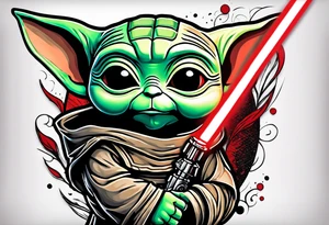 Baby yoda with red lightsaber wearing mandalorian armor tattoo idea