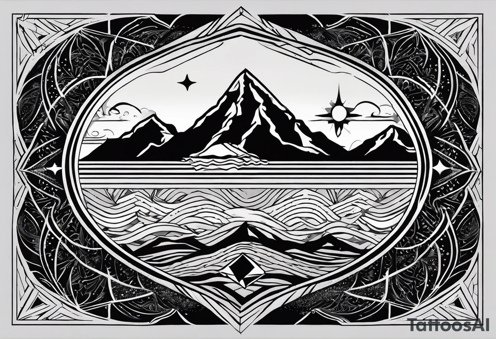 Übersetzter Text
tattoo fineline style, black, no fill, säntis mountain massif, water wave, a large semi-circle with two small colored stars frames the mountain peak, an open diamond as a geometric shape with dashed lines surrounds everything with the water overhanging the diamond, tattoo idea