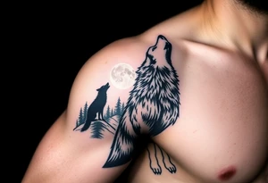 lone wolf howling at full moon with northern lights backdrop tattoo idea