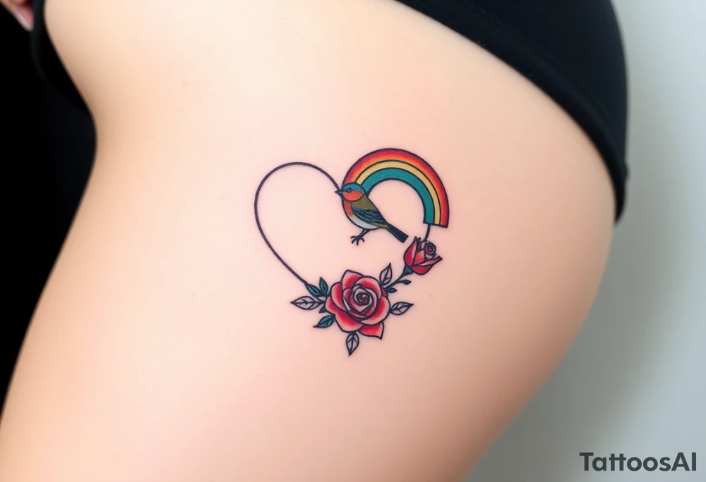 Infinity heart with a robin, red rose and rainbow tattoo idea