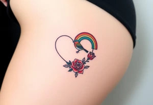 Infinity heart with a robin, red rose and rainbow tattoo idea