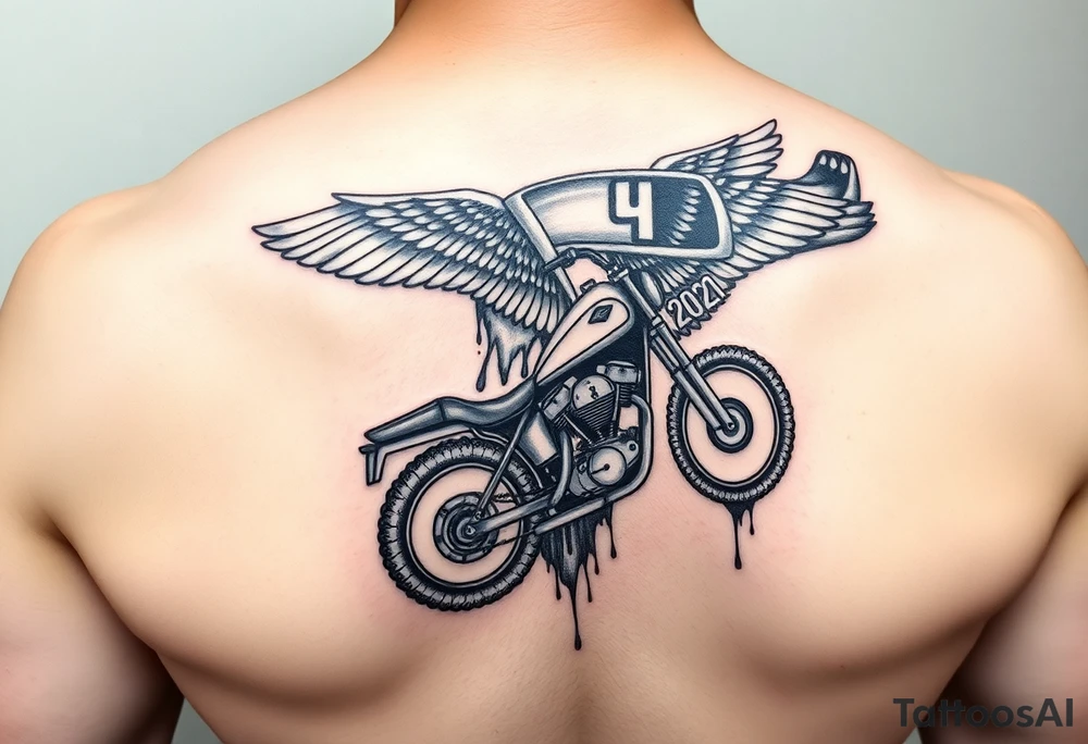 Dale Earnhardt car on it with the year 1958 - 2021 intertwined with a motorcycle on it with guardian angel wolves tattoo idea