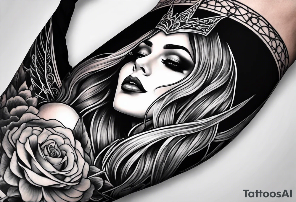 full arm sleeve very dark with Elphaba tattoo idea