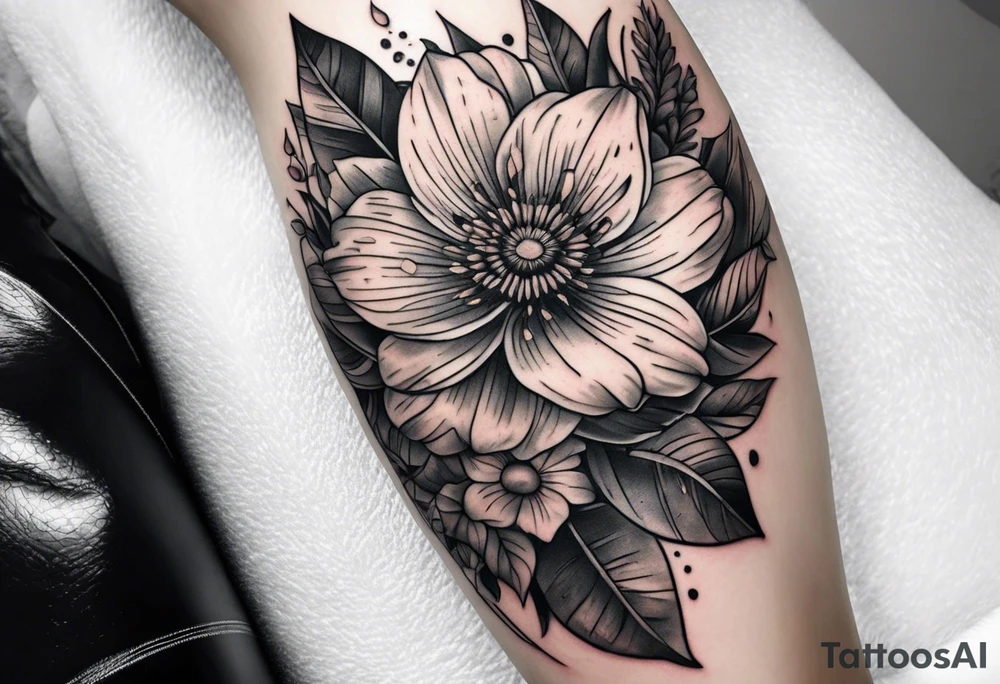 flowers on knee cap with leaves tattoo idea