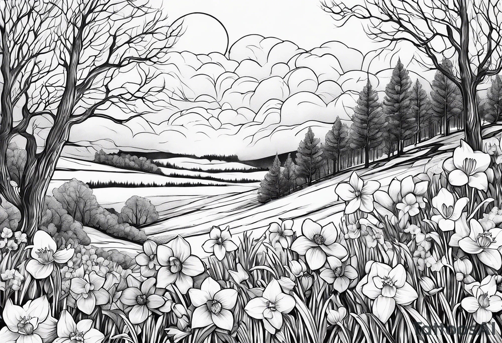 Winter sky, flowers, stars, violets, primroses, daffodil, jonquil, snow tattoo idea