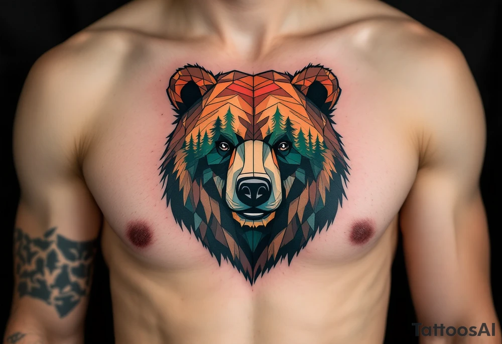 A geometric-style bear in forest colors with “Papa Bear” etched into the fur. tattoo idea