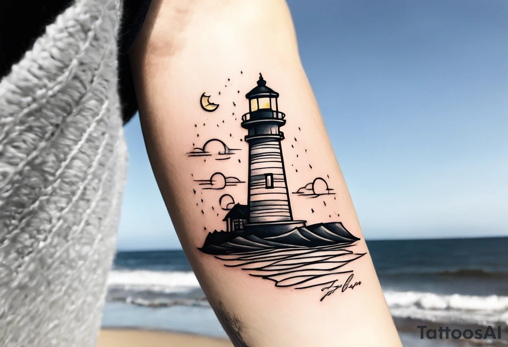 Farol no oceano em mar agitado bem delicado com a luz amarela tattoo idea