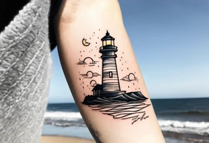 Farol no oceano em mar agitado bem delicado com a luz amarela tattoo idea