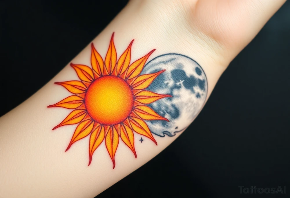 A bright, fiery sun in shades of orange, yellow, and red, radiating warmth and life, with rays stretching outward, contrasting against a cold, shadowy moon in silvery blues and grays, surrounded by swirling black clouds and darkened stars. tattoo idea