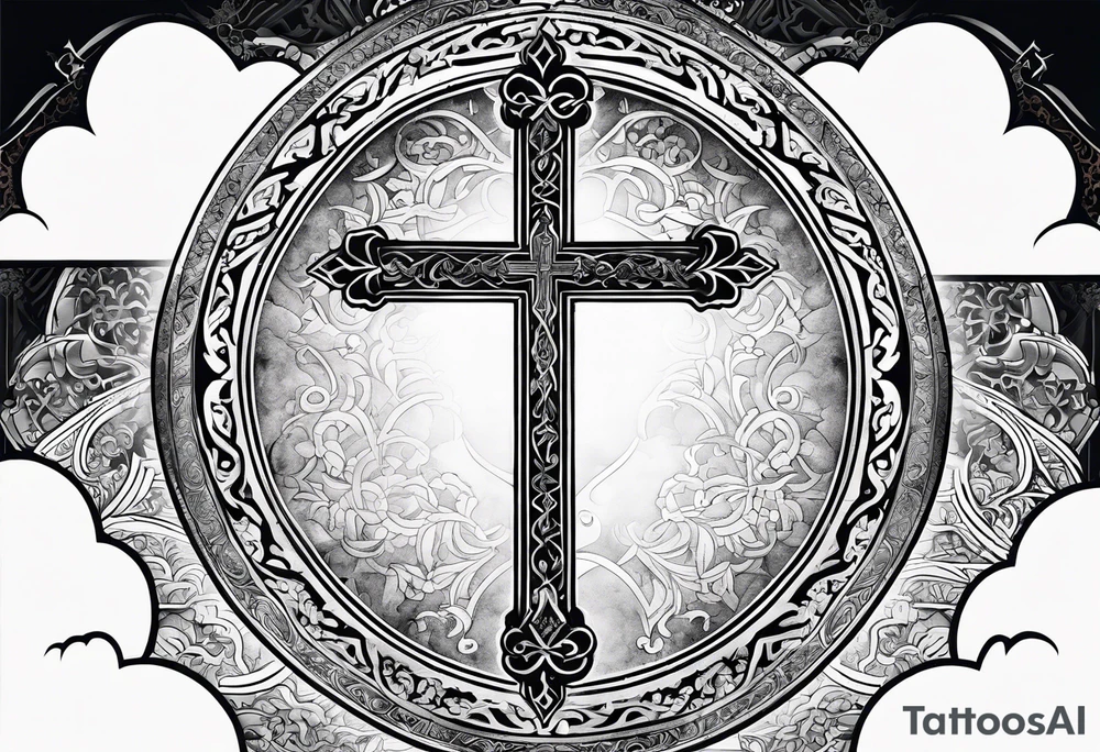 Arabic bible verse with a cross in the background and clouds surrounding the cross. tattoo idea