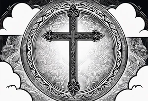 Arabic bible verse with a cross in the background and clouds surrounding the cross. tattoo idea